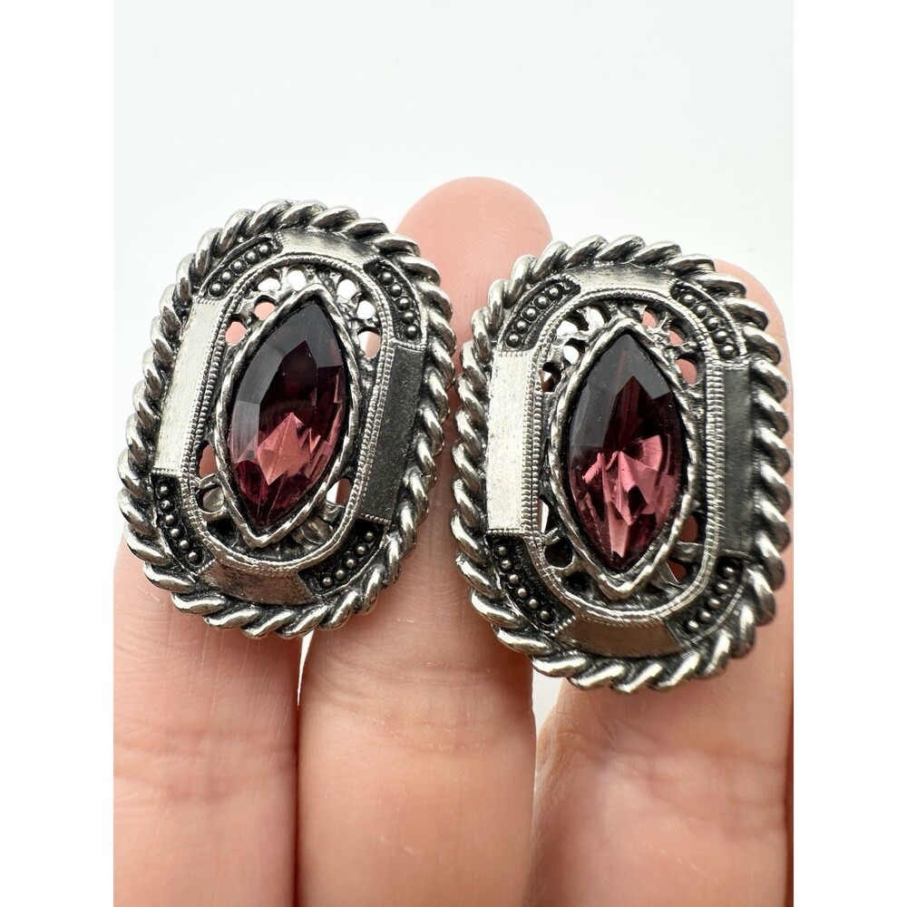 Vintage 1928 Marquise Rhinestone Earrings Clip On Statement Silver Tone